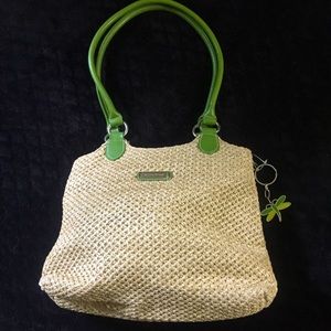 STUDIO WORKS Straw handbag with Green handles